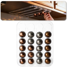 Aucuqu under-cabinet pod organizer mounted under cabinet saves counter space and keeps Vertuo pods organized.