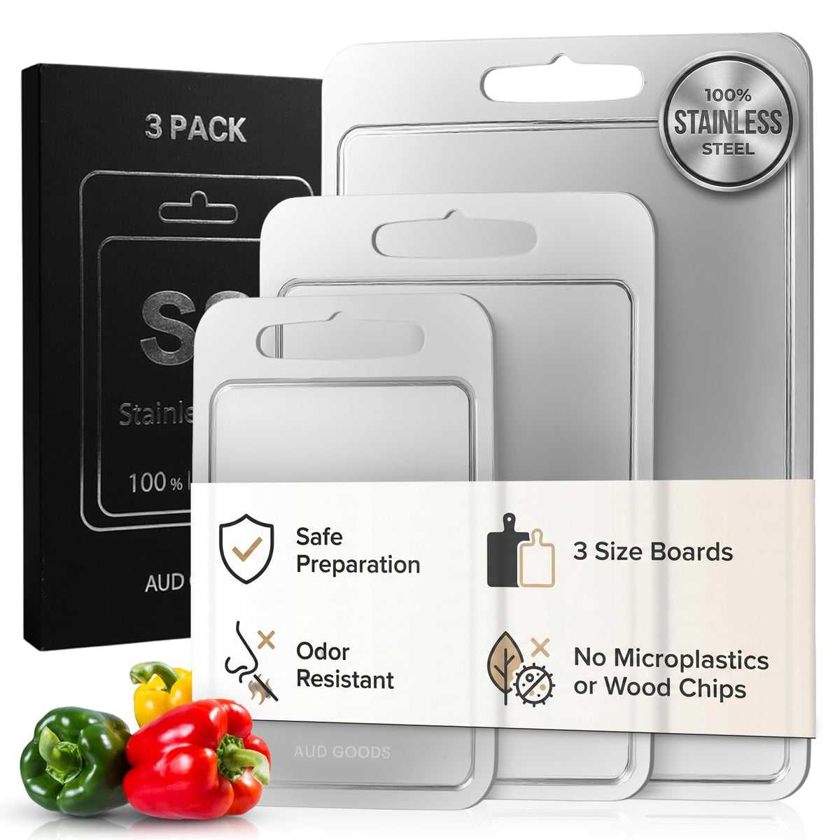 AUD Goods stainless steel cutting board with juice grooves for cleaner countertops