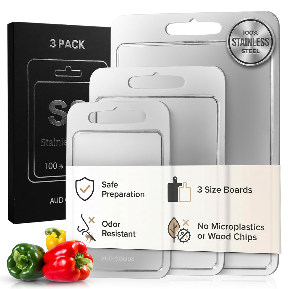 AUD Goods stainless steel cutting board with juice grooves for cleaner countertops