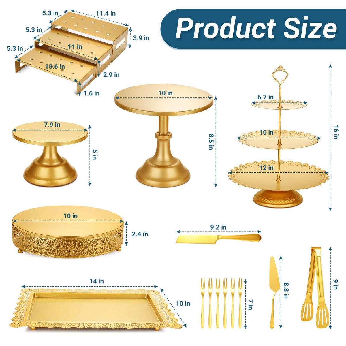 Audab gold cake stands set for 8 and 10 inch tiers with elegant cutouts