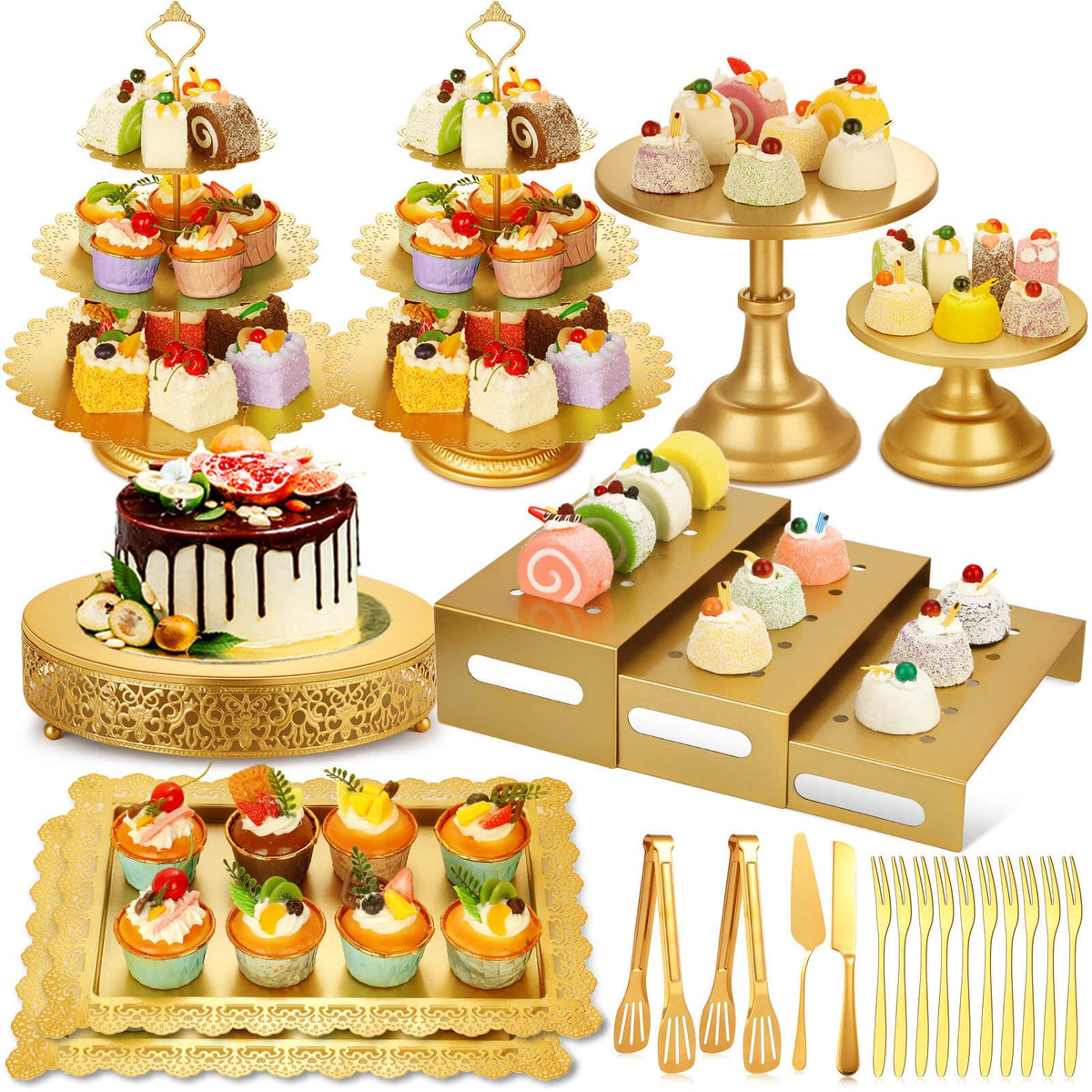 Audab gold dessert table display with lace round cake stand for weddings