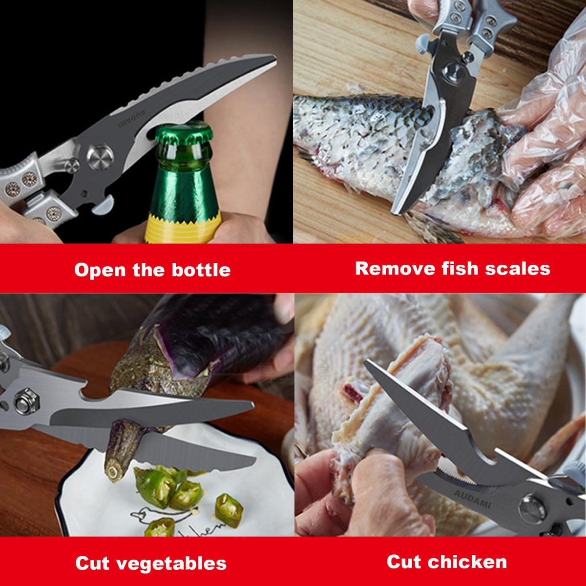 AUDAMI kitchen scissors include a bottle opener for convenient prep sessions.