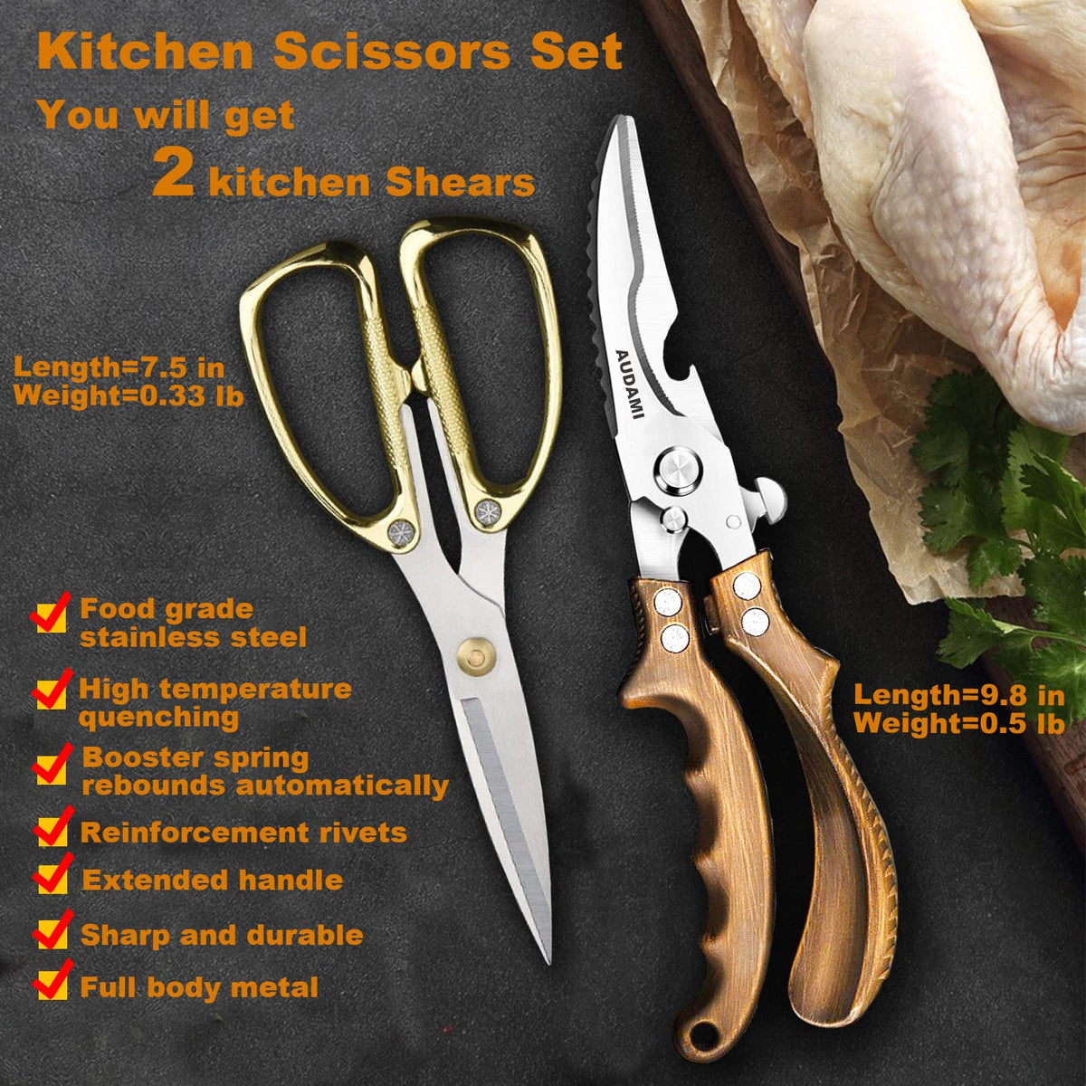 AUDAMI golden meat scissors featuring ergonomic grip for comfortable meat cutting.