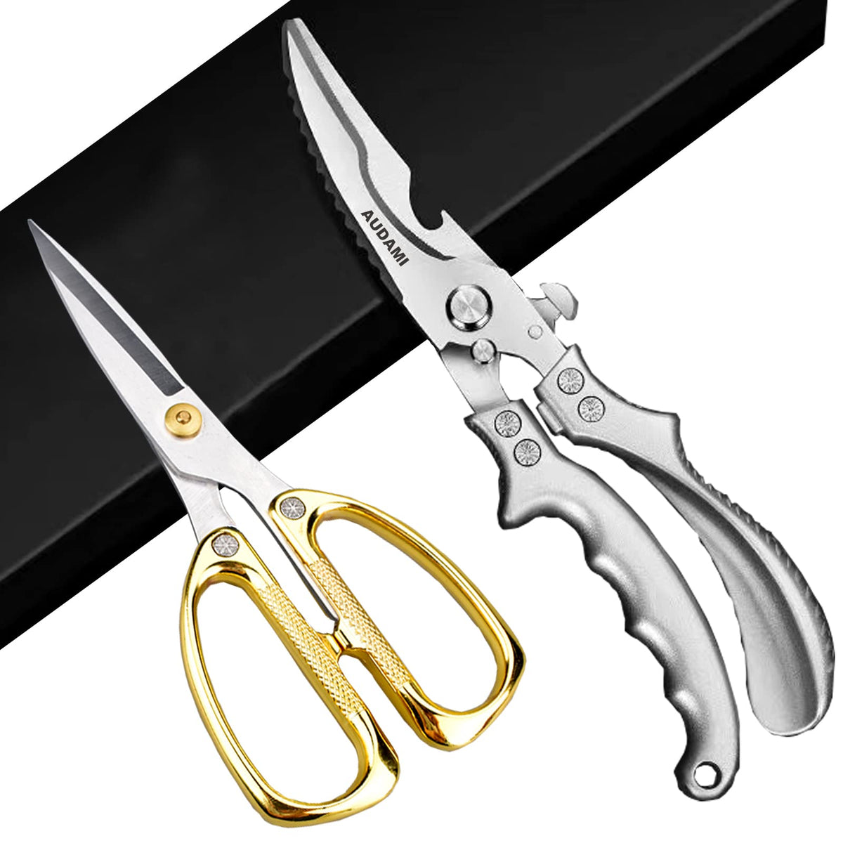 AUDAMI heavy-duty kitchen scissors pack blades for durable cutting in home kitchens.