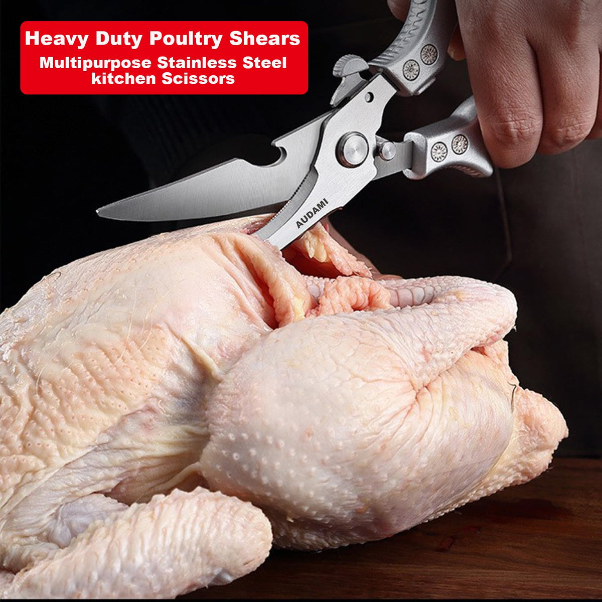 AUDAMI heavy-duty poultry shears tackle bones and ribs with strong blades.