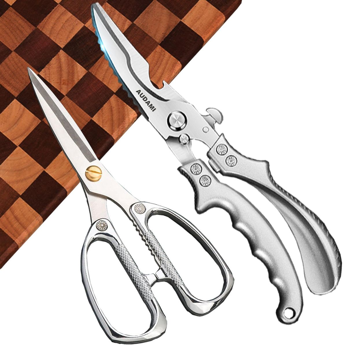 AUDAMI two-pack kitchen shears for versatile cutting tasks in the kitchen.