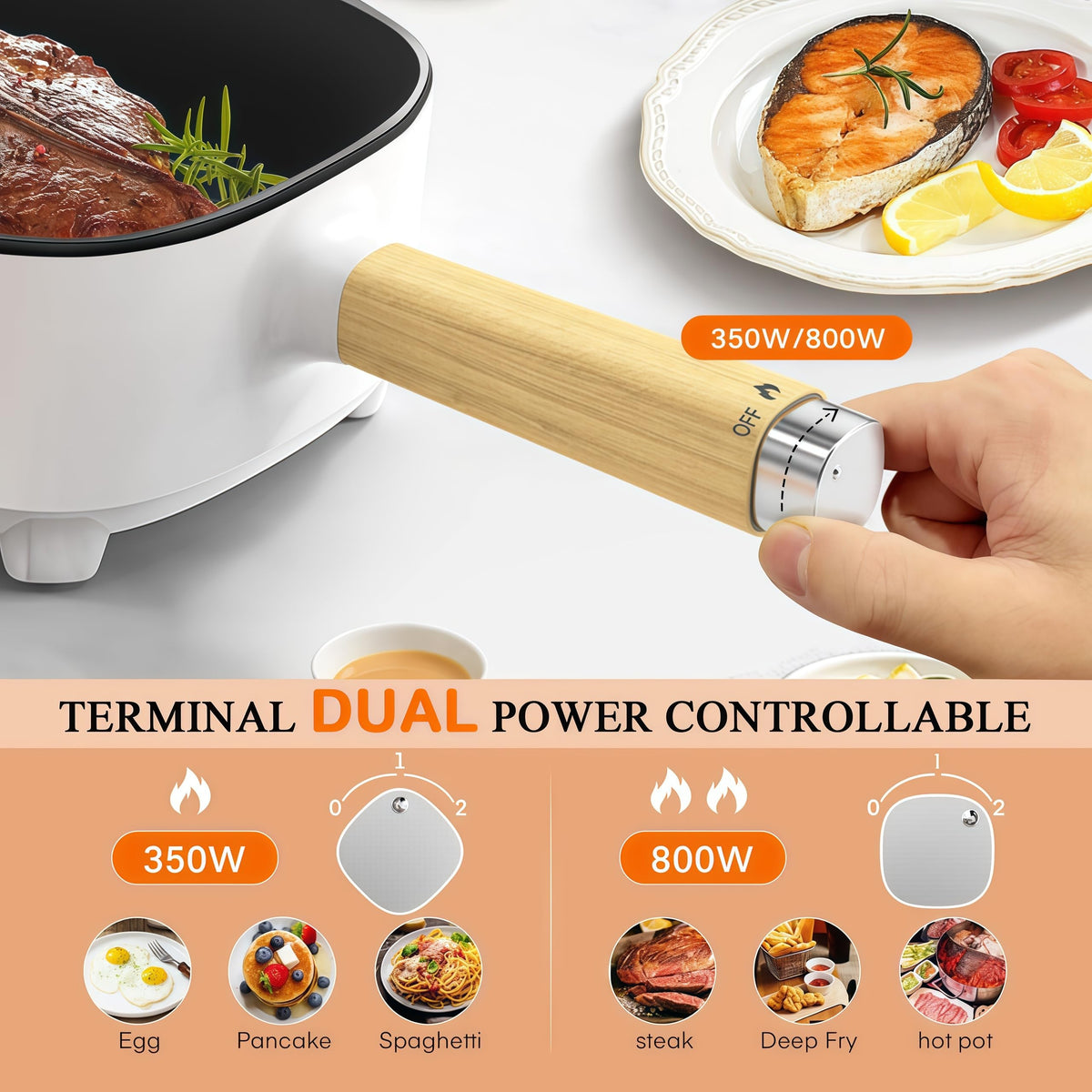 Audecook dual power control showing low and high settings for different tasks.