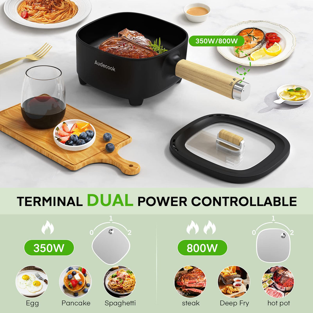 Audecook electric skillet with dual power control for precise simmering and frying.