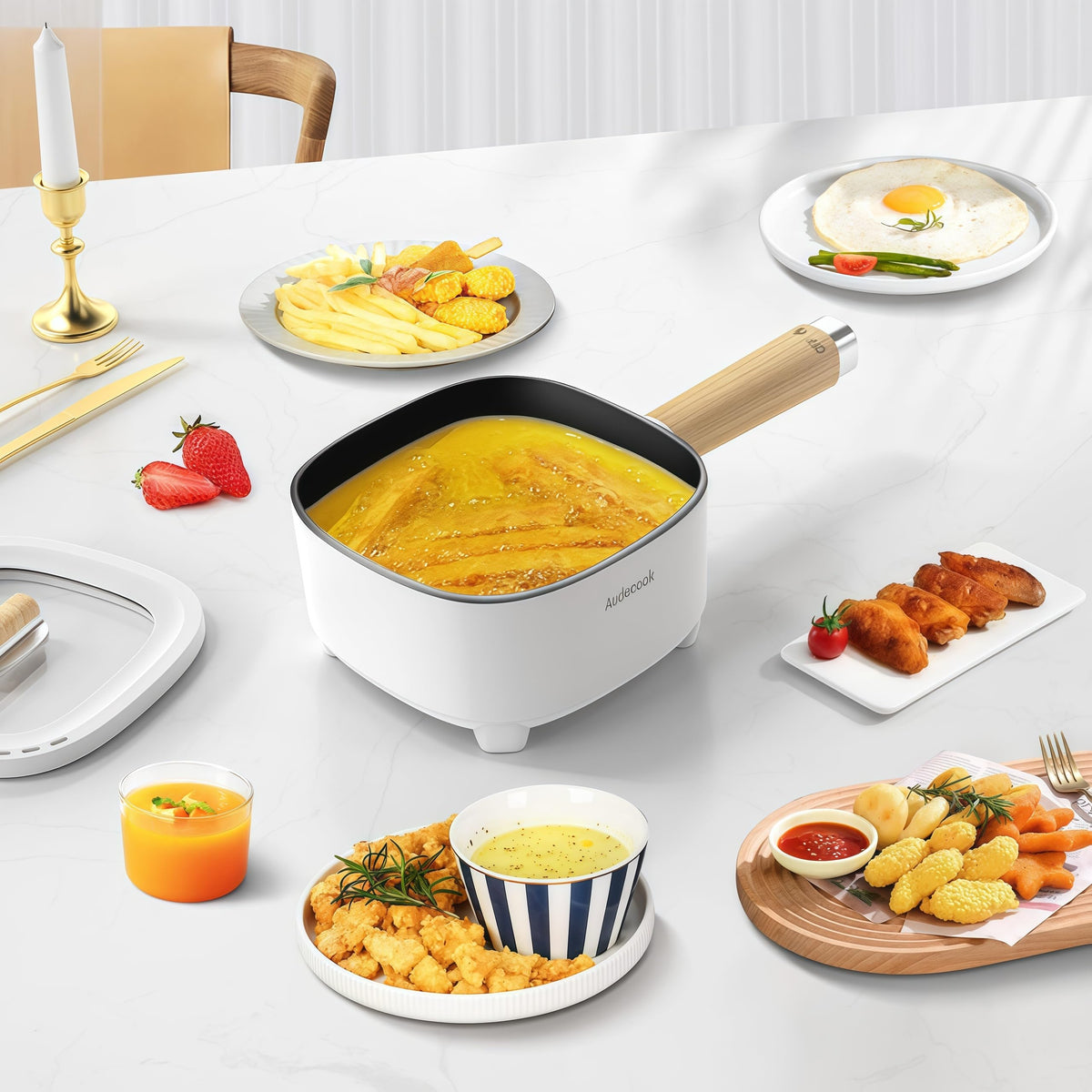 Audecook portable travel cooker shown in compact dorm or RV setup.