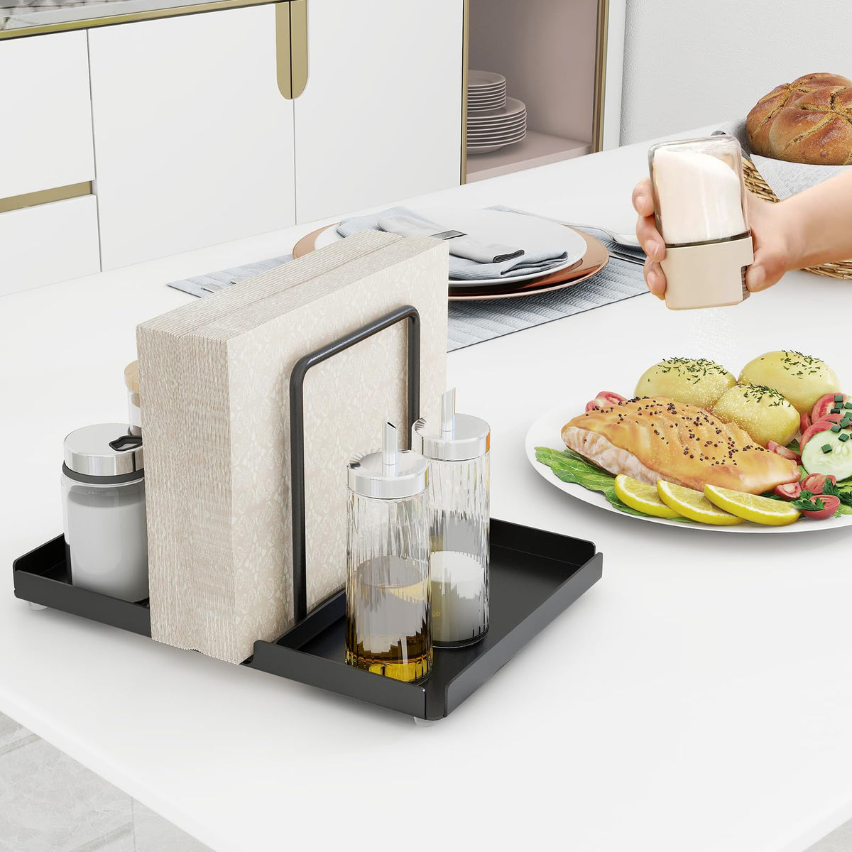 Audmore multifunctional table decor stand saves counter space.