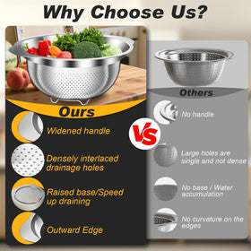 AUFETQ Colander 3qt in stainless steel for sturdy draining of vegetables and pasta.