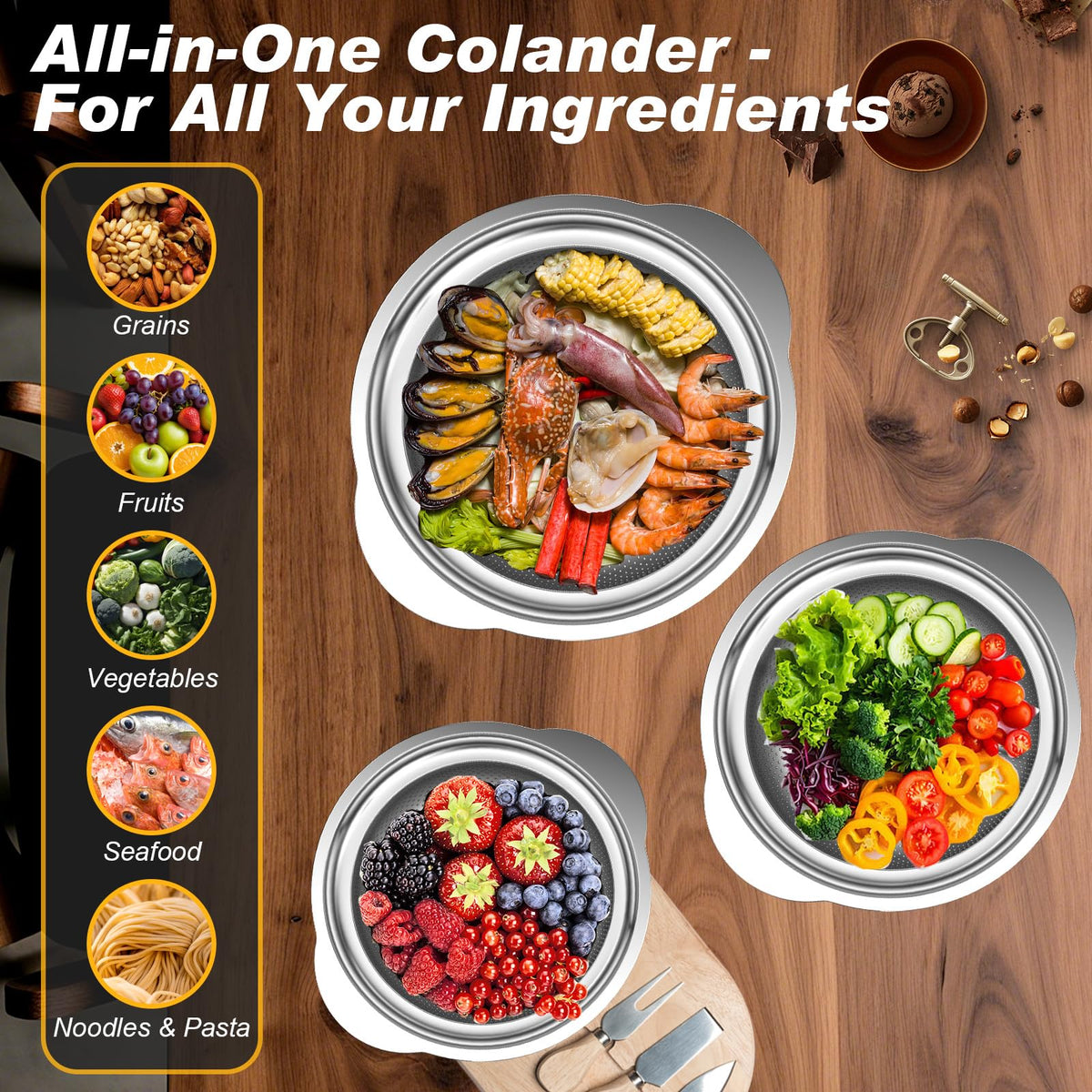 AUFETQ Colander 5qt offers large capacity for family meals and batch prep.