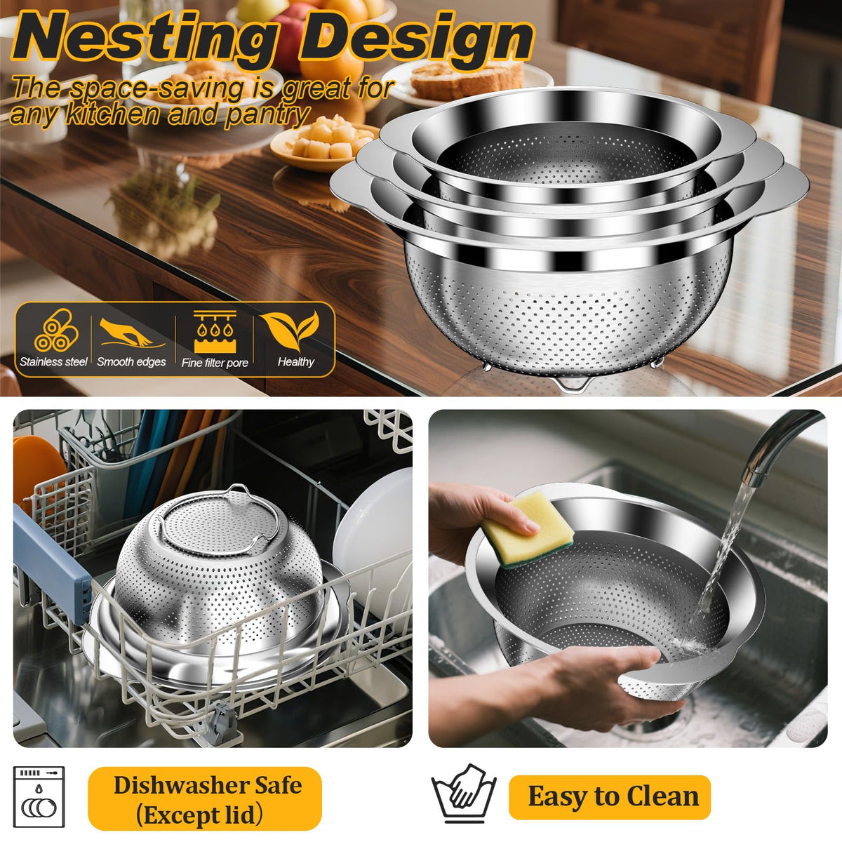 AUFETQ Colander micro-perforated holes drain quickly for faster prep.