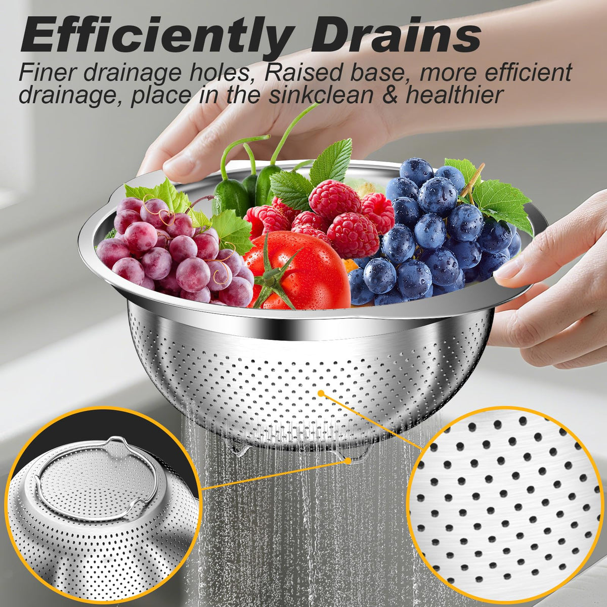 AUFETQ Colander features flared rim to block insects and splashes.