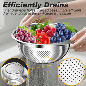 AUFETQ Colander features flared rim to block insects and splashes.