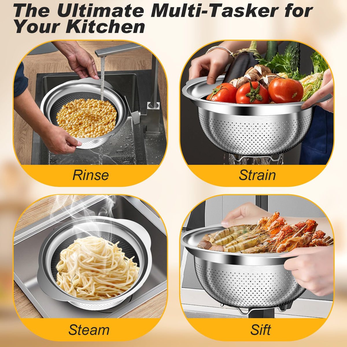 AUFETQ Colander with non-slip handles keeps it safe when handling hot foods.
