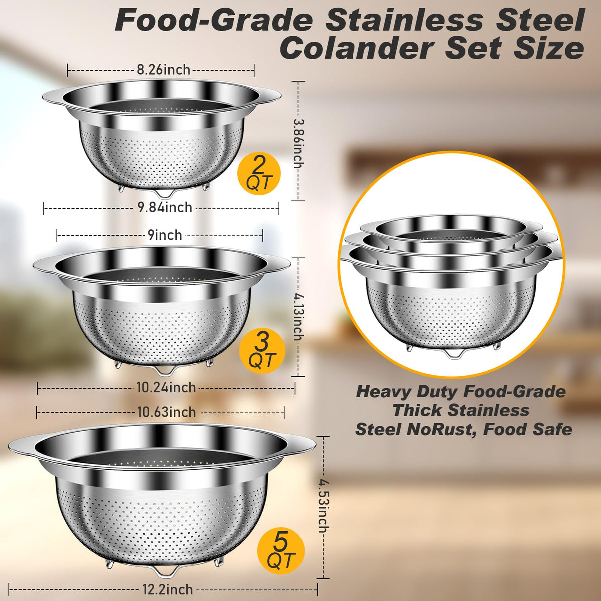 AUFETQ Colander raised base prevents puddles and keeps countertops clean.