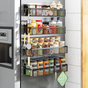 Aufworld magnetic spice rack mounted on fridge side shelves for clutter-free kitchen storage.