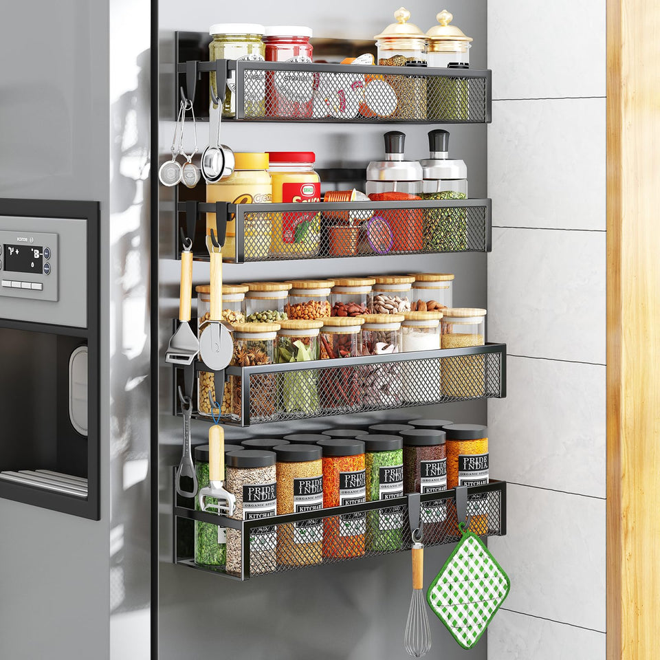 Aufworld magnetic spice rack mounted on fridge side shelves for clutter-free kitchen storage.