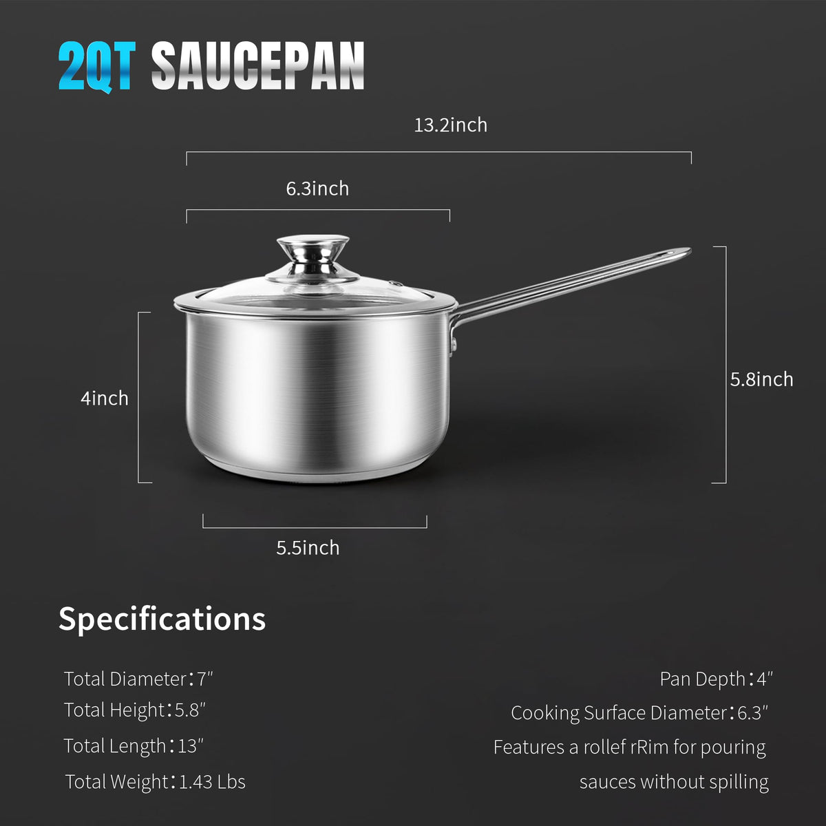 Aufranc 2QT saucepan with glass lid enables visible simmering for precise monitoring.