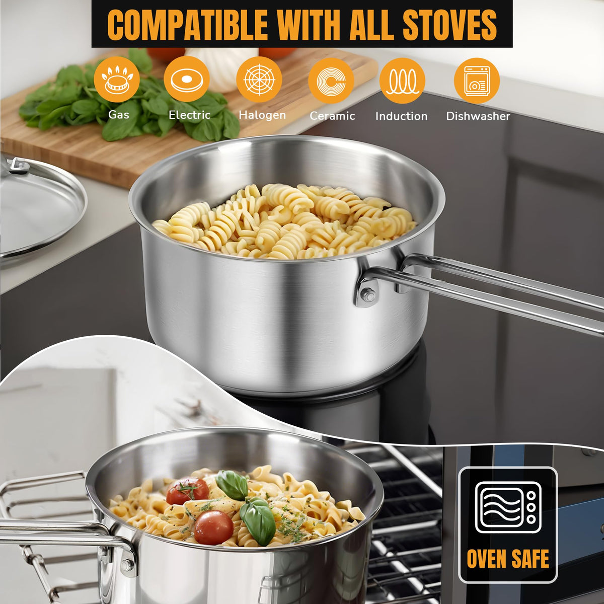 Aufranc saucepan is oven-safe up to 480F for versatile cooking styles.