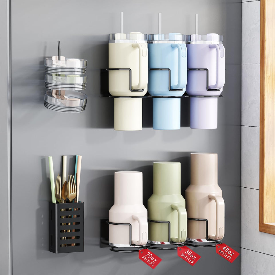 Aufworld magnetic cup holder on fridge securely holds cups for easy access.