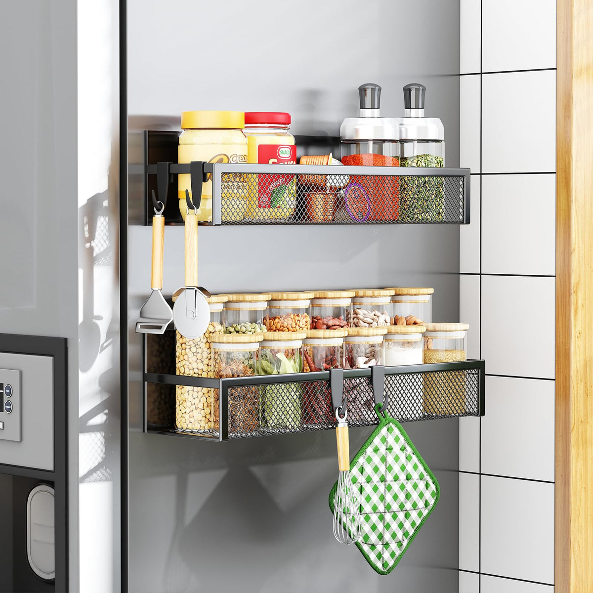 Aufworld magnetic spice rack on fridge side providing compact two-pack storage