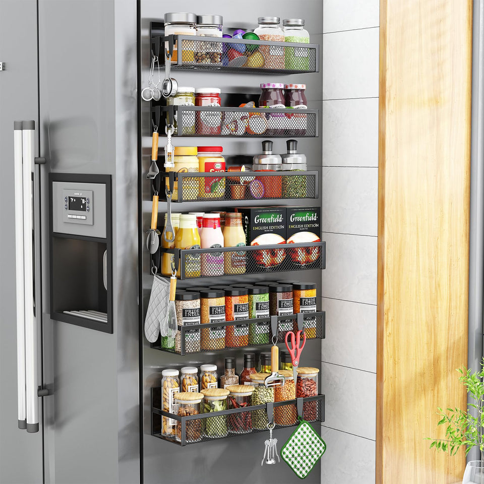 Aufworld magnetic spice rack on fridge side with 6 shelves for organized storage