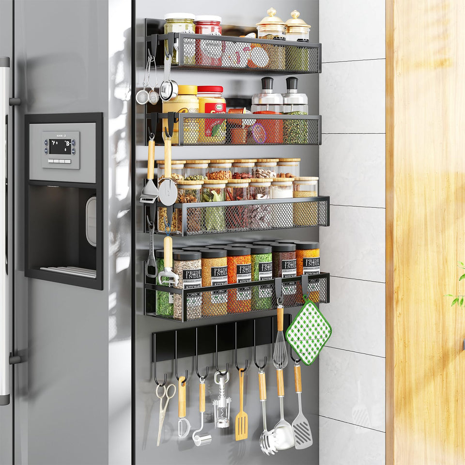 Aufworld magnetic rack mounted on fridge side for organized spices.