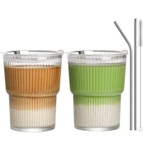 AUFXKOO 13oz glass iced coffee cups with lids and straws for on the go hydration