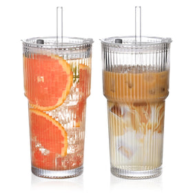 AUFXKOO 20oz ribbed glass cups with lids and straws, durable and stylish for daily use