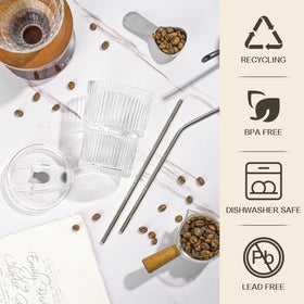 AUFXKOO glass cups include straight and curved stainless steel straws
