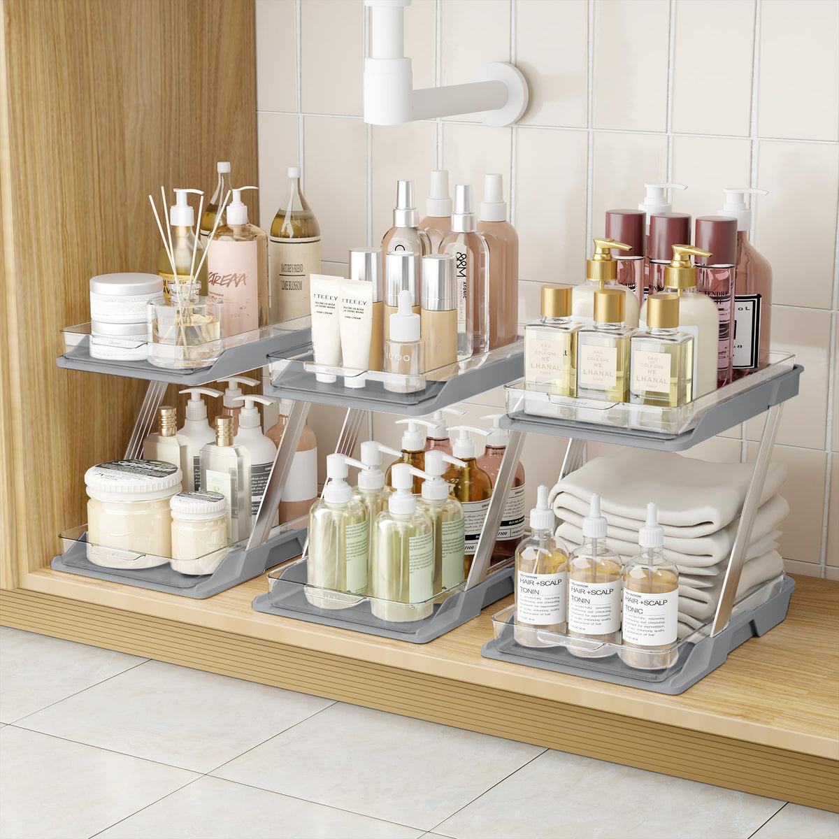 AUGBEAN 3-pack bathroom organizers with a 2-tier pull-out for easy under-sink storage.