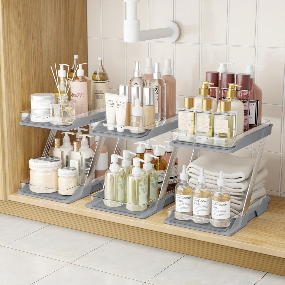AUGBEAN 3-pack bathroom organizers with a 2-tier pull-out for easy under-sink storage.