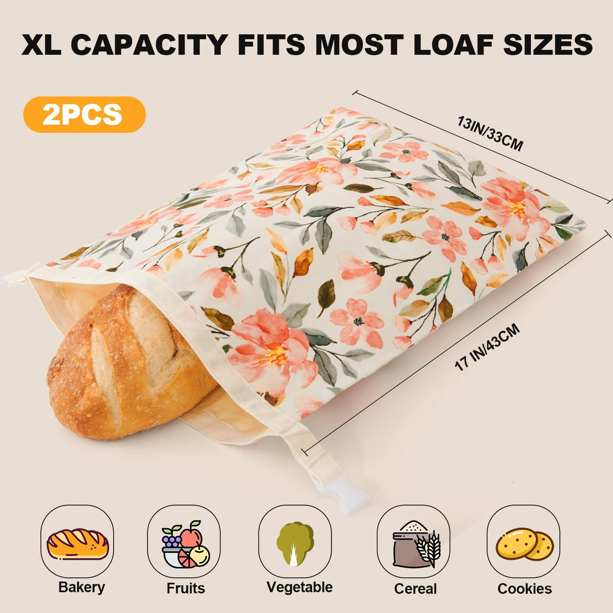 Augine beeswax bread bag fits baguettes and long loaves with airflow for freshness