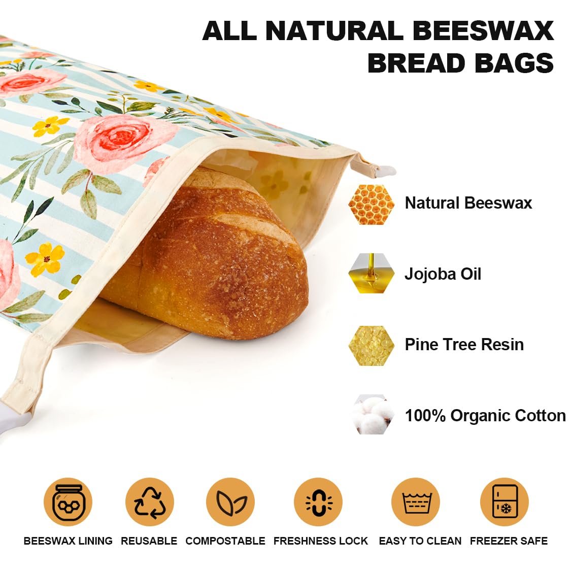Augine beeswax bread bag with spacious loaf design fits large sourdoughs