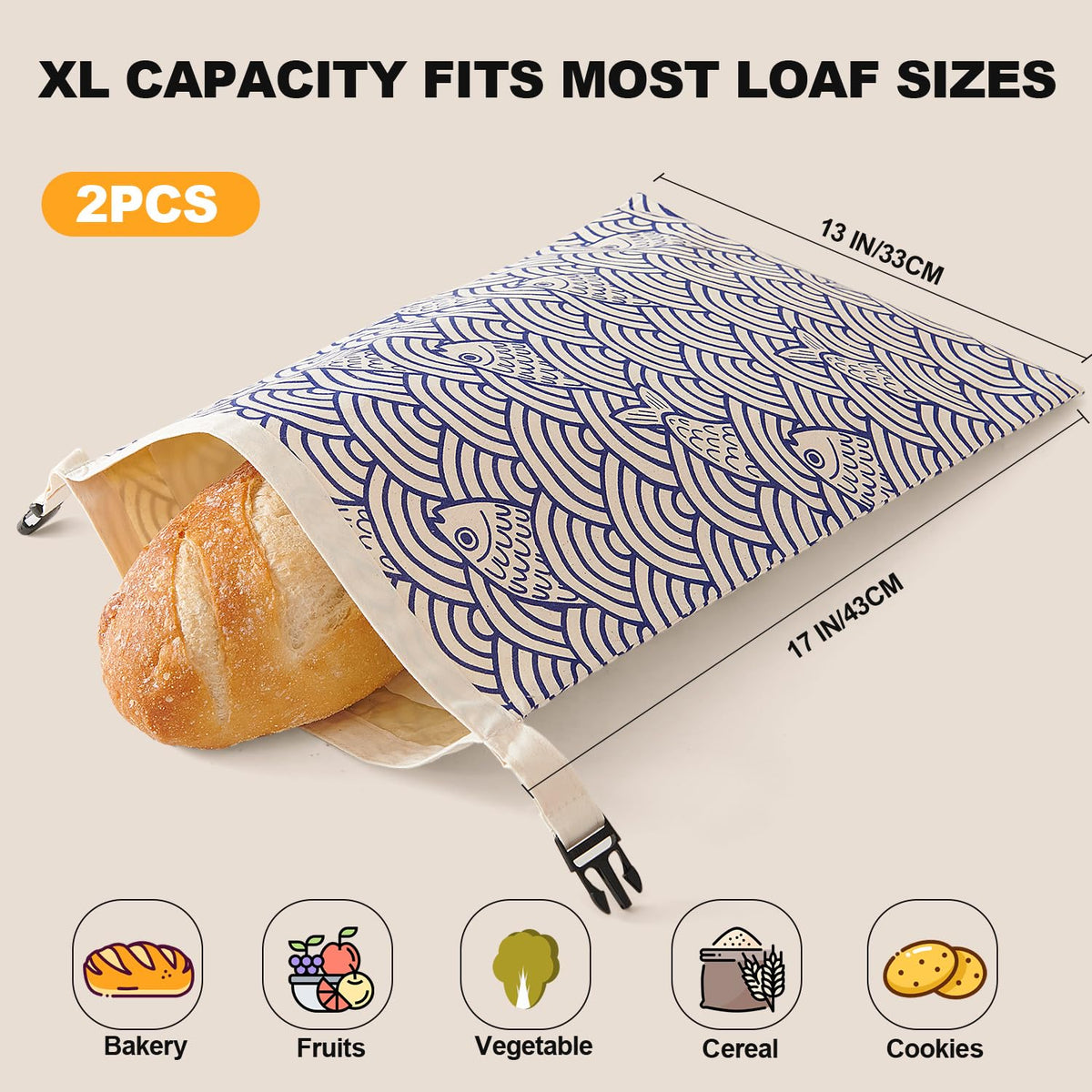 Augine bread bag with spacious loaf fits large sourdough and baguettes