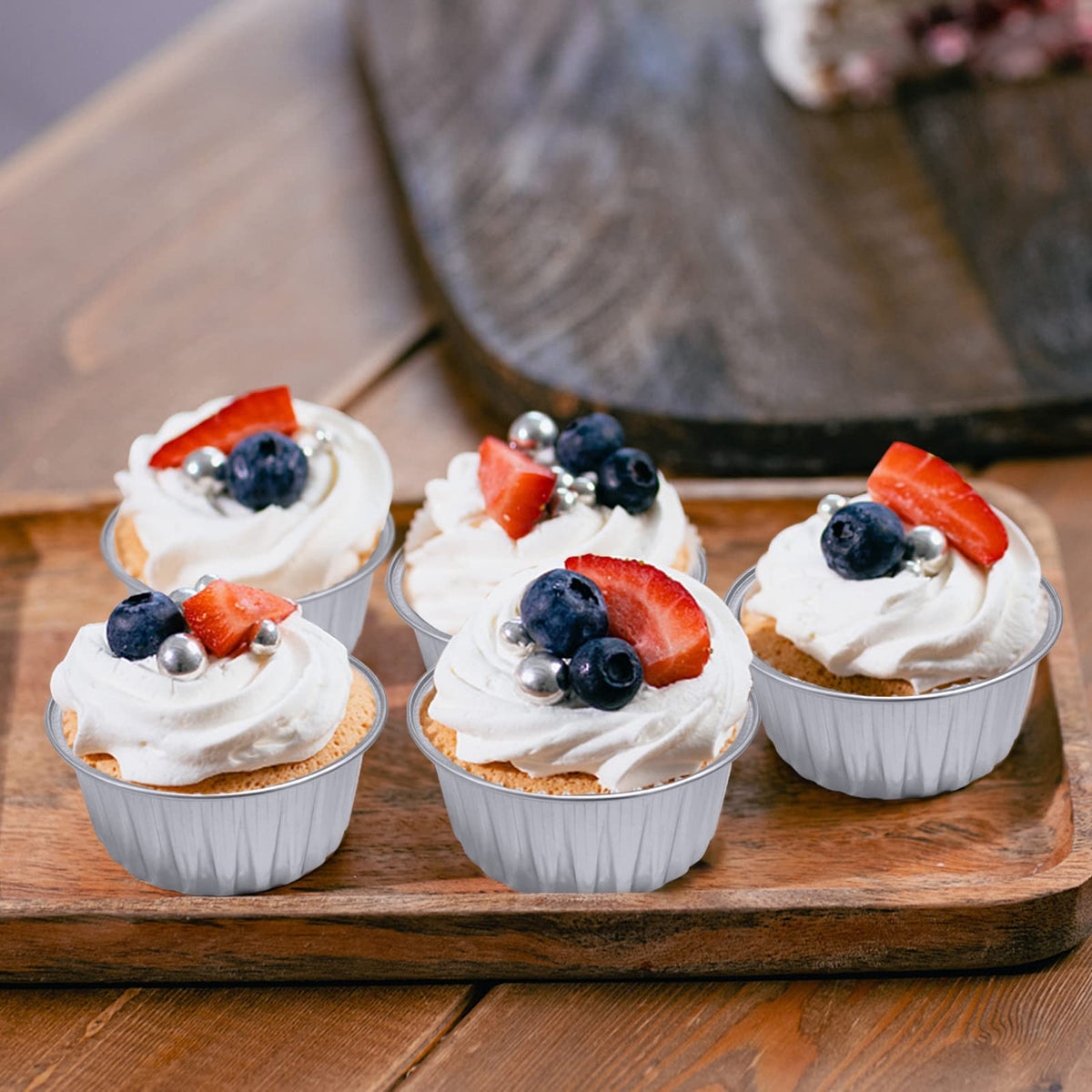 Augoog 5oz cups withstand oven heat up to 428F for fresh desserts.