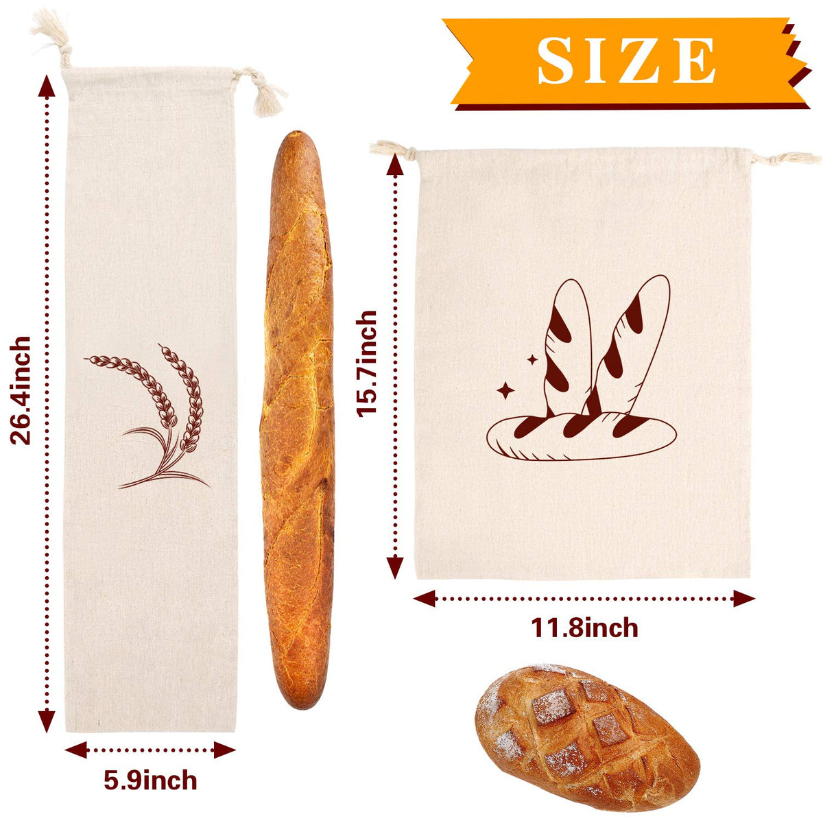Augshy linen bread bags 27x6 with drawstring for baguettes