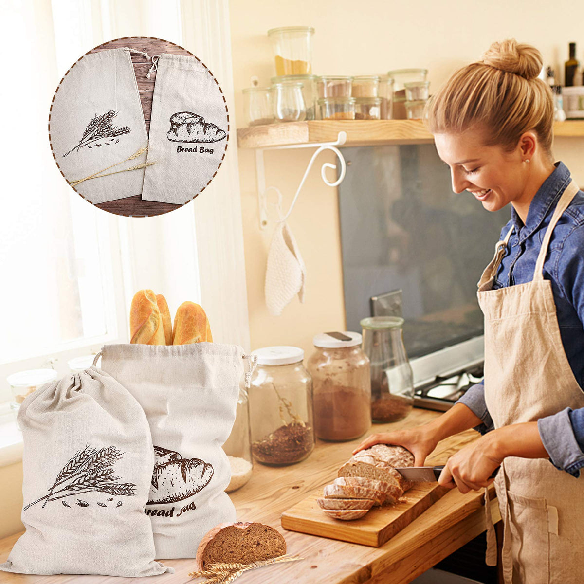 Augshy linen bread bags artisan bread storage on counter or in pantry.