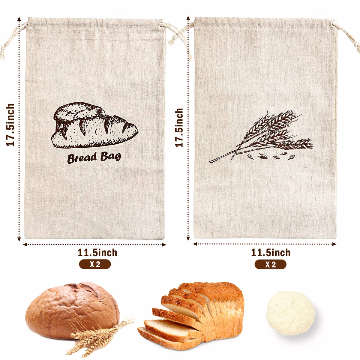 Augshy linen bread bags open view with loaf, ideal for fresh bread on the counter.
