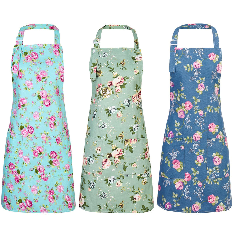 Auidy_6TXD floral apron front view with adjustable neck strap and rose pattern.