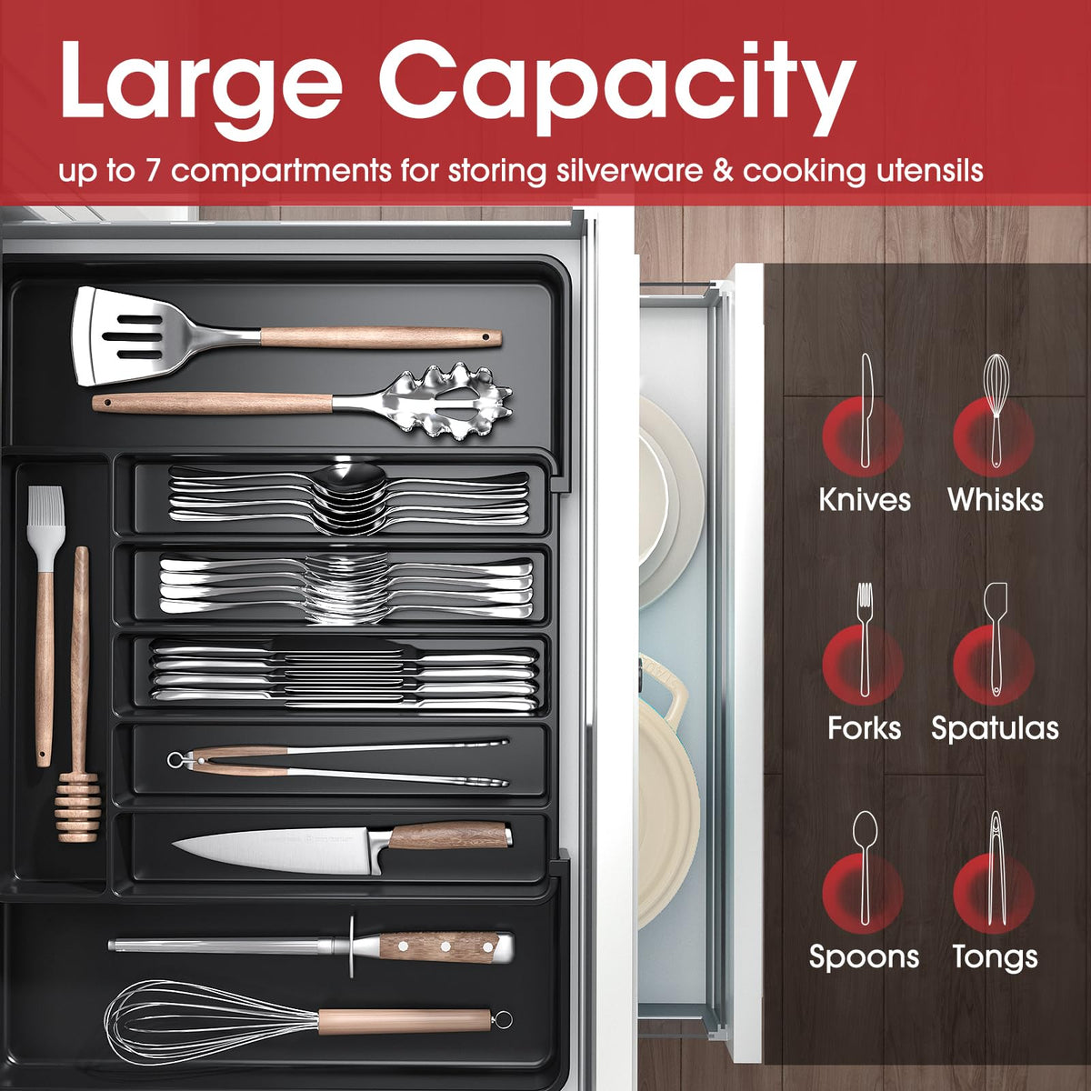 AUJEN Silverware Organizer six to eight compartments provides clear utensil separation.