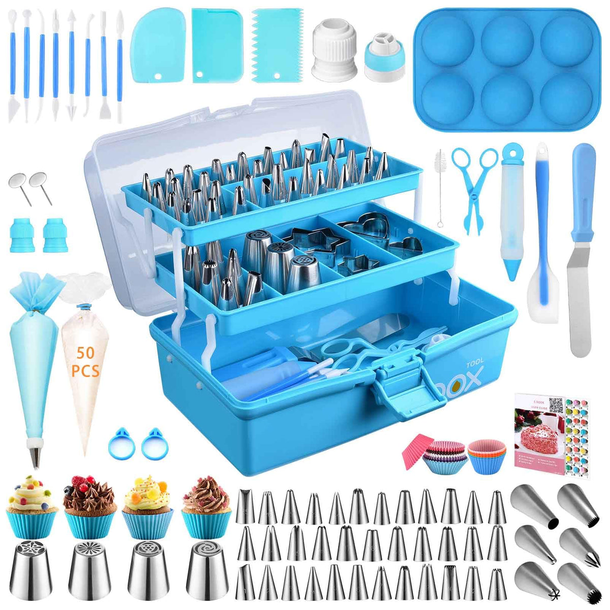 AUKOW blue storage box organizes cake decorating tools for easy access