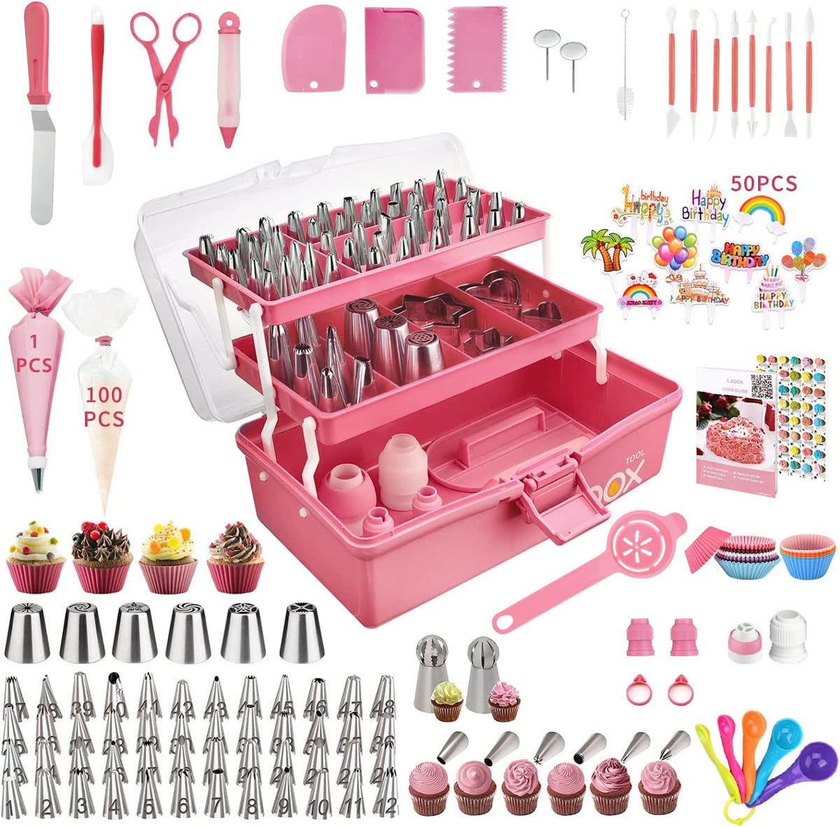 AUKOW cake decorating kit 358pcs in pink case for creative at home baking