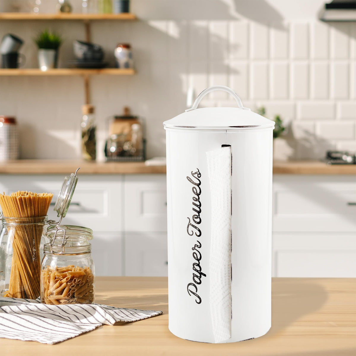 AuldHome Design discreet paper towel holder shields towels from dust and splashes