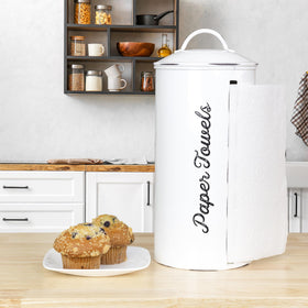 AuldHome Design enamelware countertop dispenser in white for organized kitchen tasks