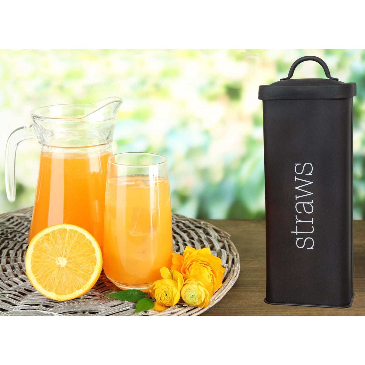 AuldHome Design straw holder close-up, black enamel with script, durable kitchen accessory.