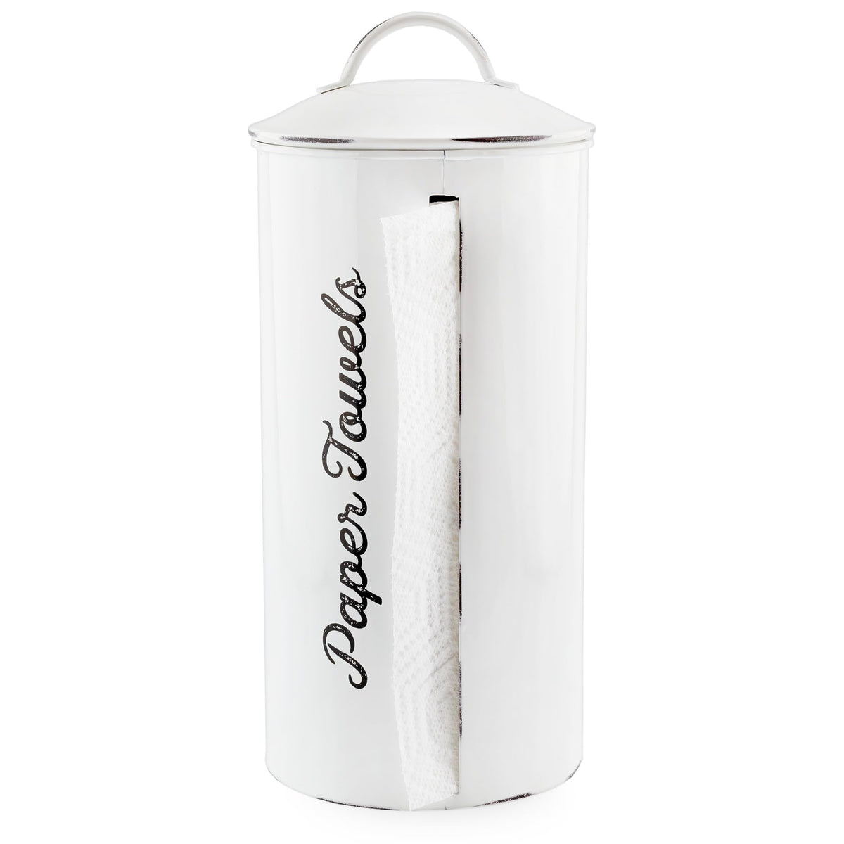AuldHome Design farmhouse paper towel holder in white keeps towels clean and accessible