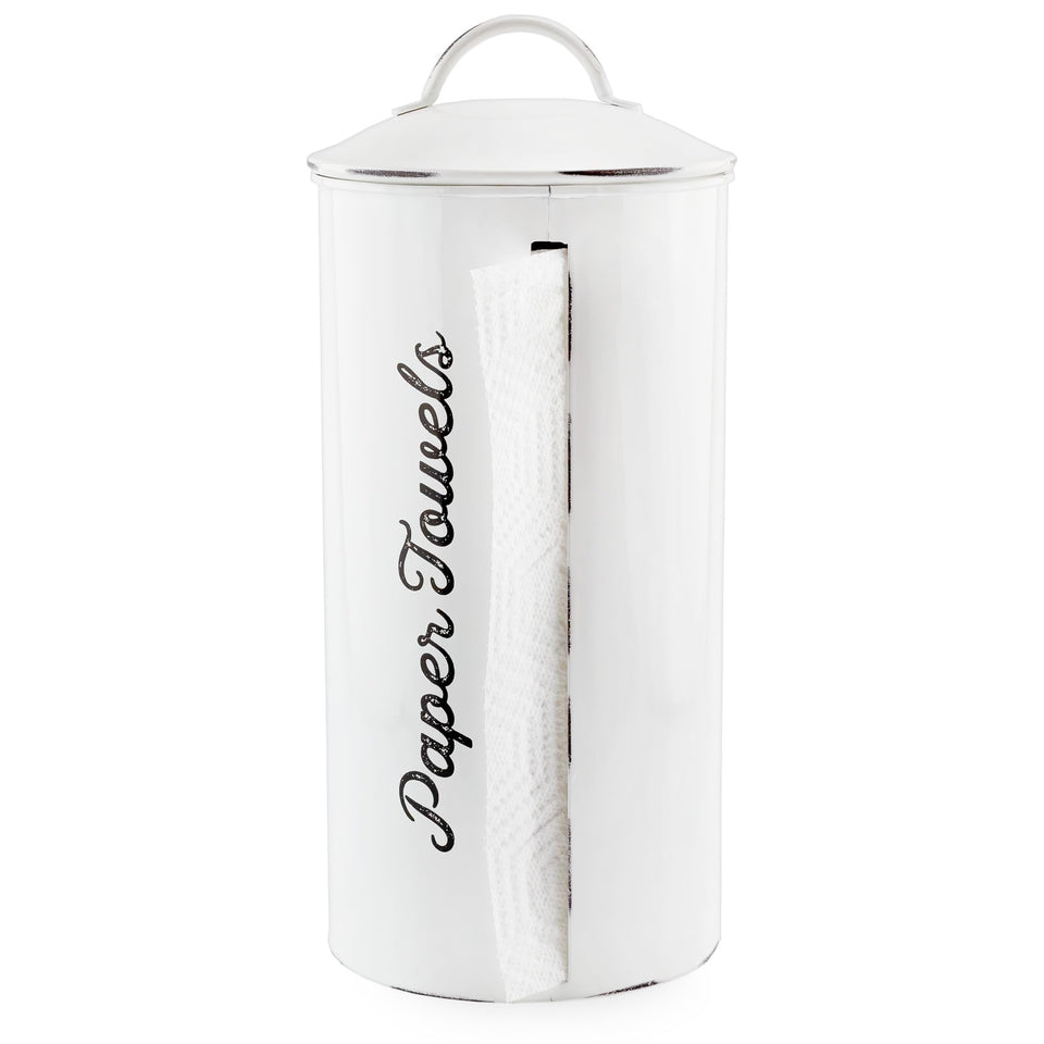 AuldHome Design farmhouse paper towel holder in white keeps towels clean and accessible